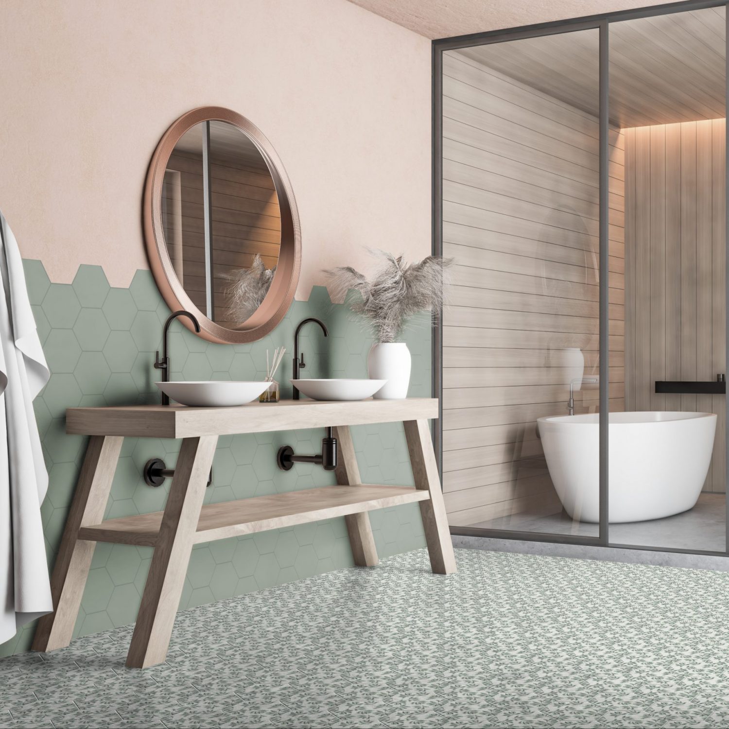 Corner,Of,Spacious,Bathroom,With,Beige,And,Wooden,Walls,,Concrete Corner of spacious bathroom with beige and wooden walls, concrete floor comfortable double sink standing on wooden countertop with round mirror and bathtub in background. 3d rendering