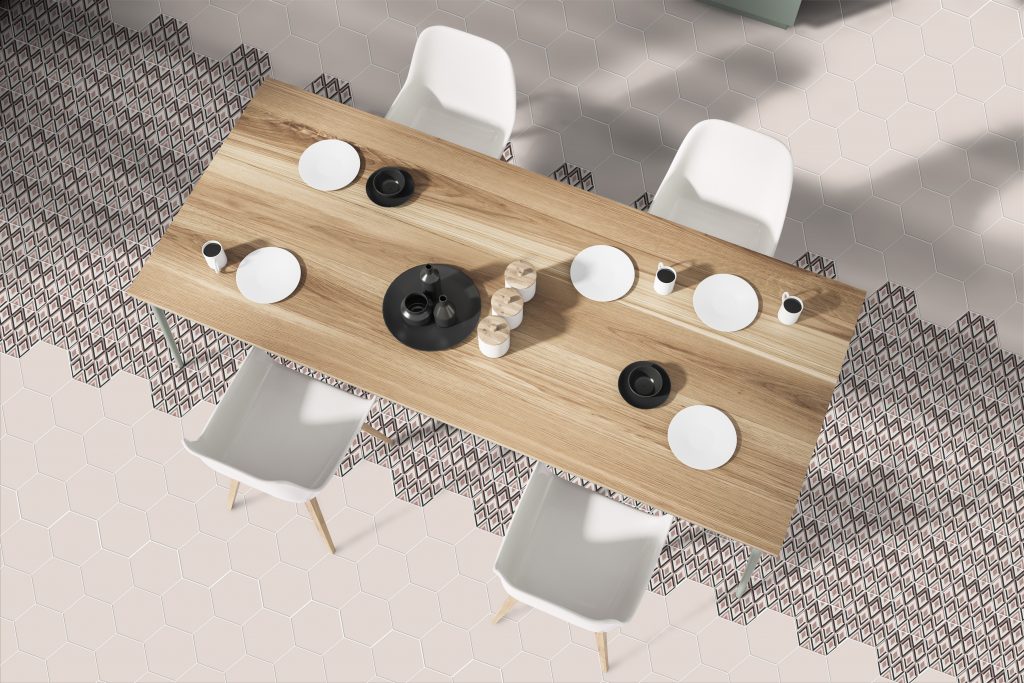 Top,View,Of,Stylish,Dining,Room,With,Gray,Walls,,Wooden